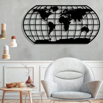 Dekoratif Duvar Metal Tablosu Oval Dünya Haritası